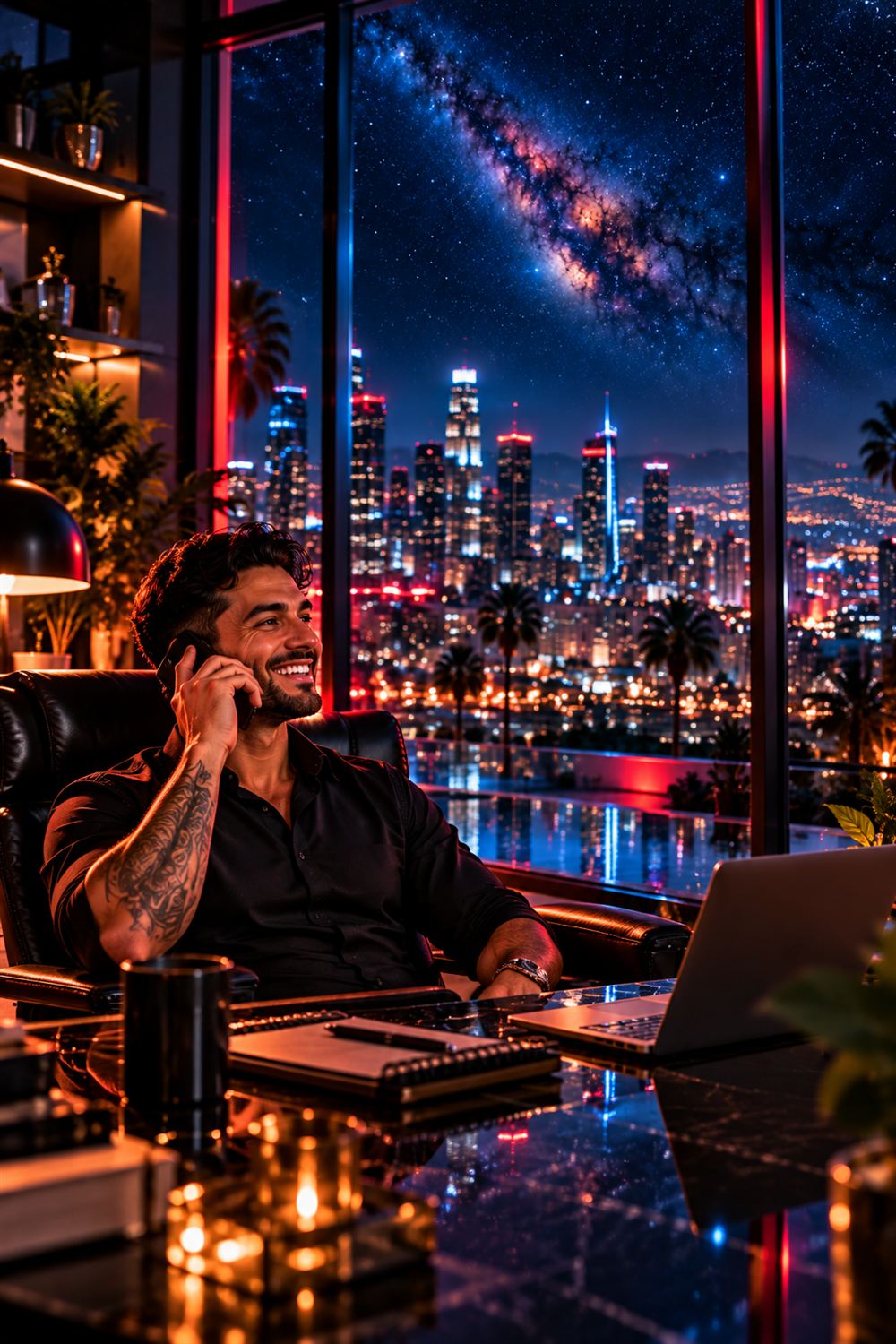 Business owner smiling on a phone call in his office overlooking the city at night