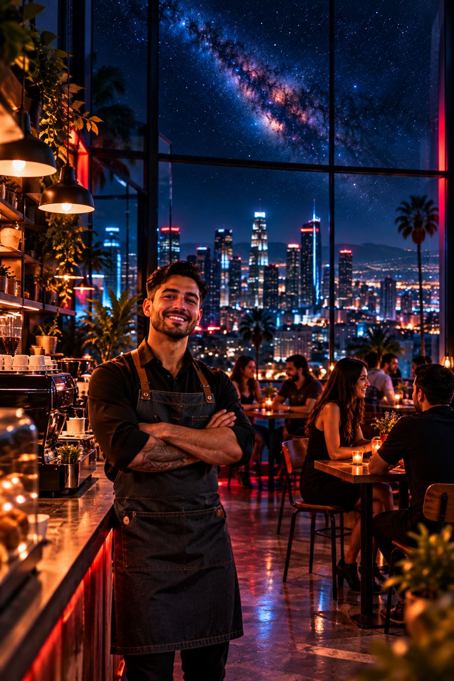 Smiling business owner in his busy restaurant at night, city skyline and stars behind him