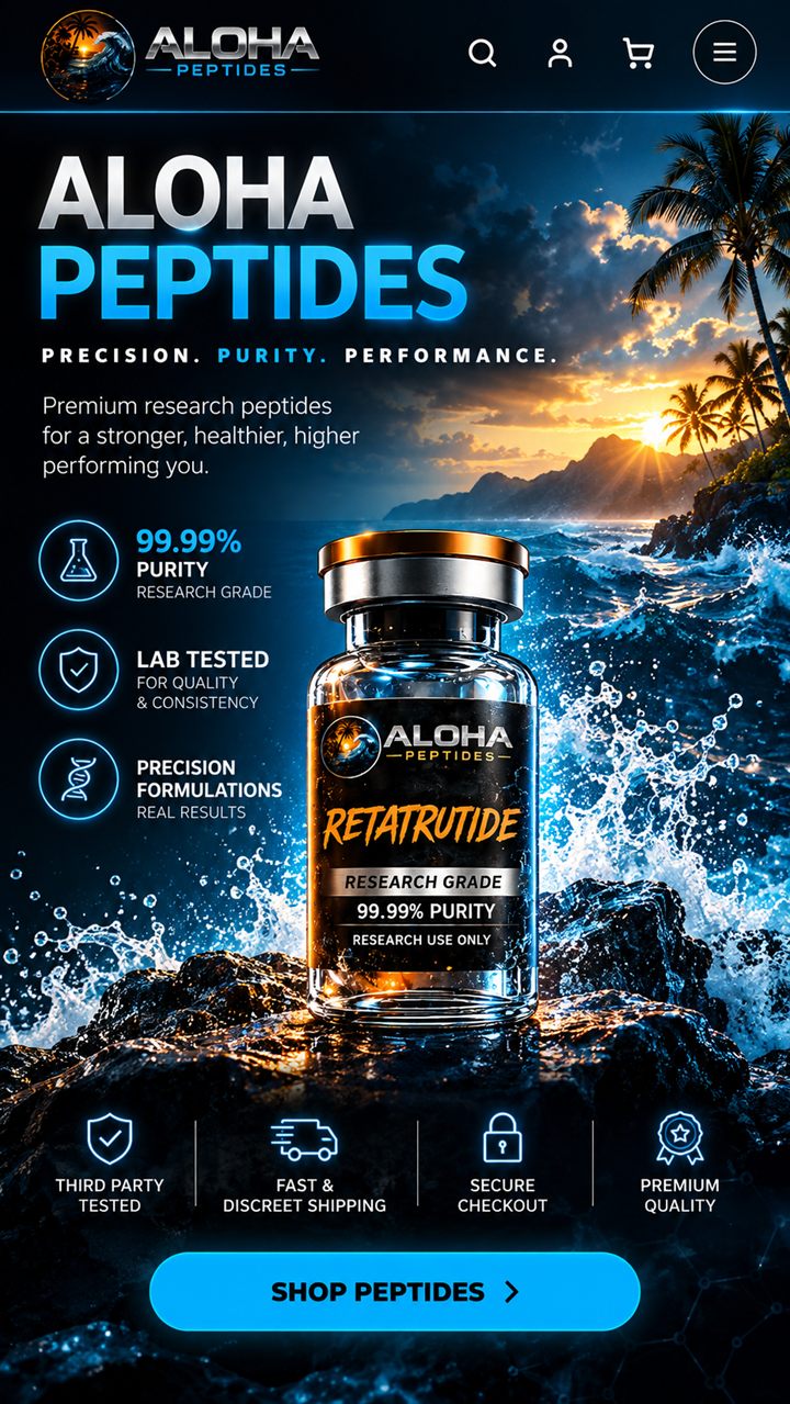 Aloha Peptides online store homepage with ocean-themed product hero