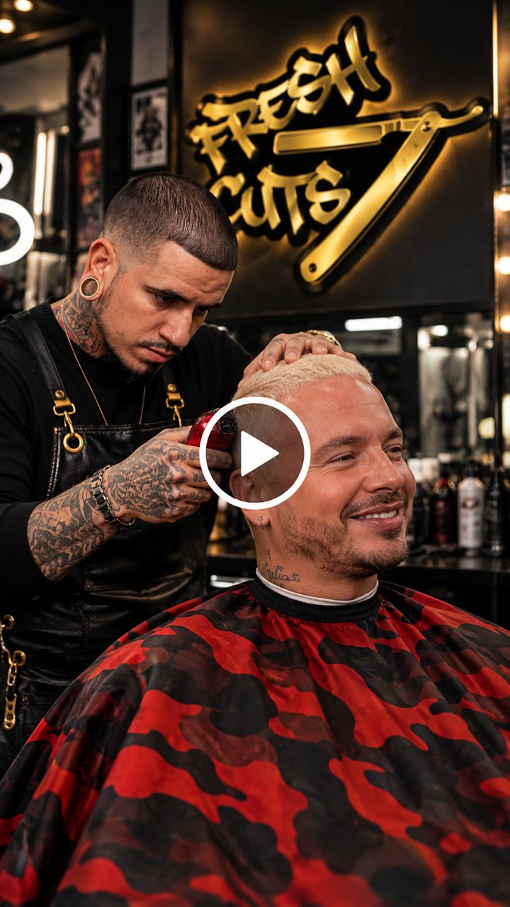 Fresh Cuts barber giving a client a fresh cut under the gold Fresh Cuts sign