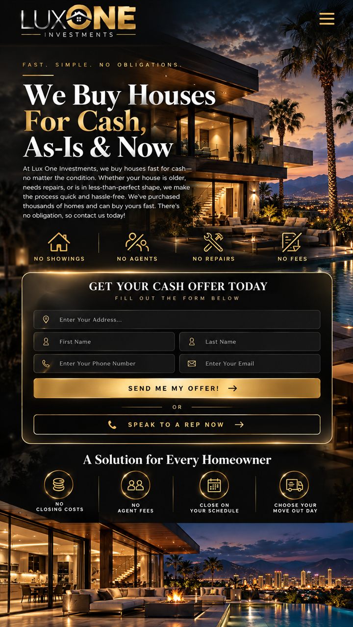 Black and gold 'We Buy Houses For Cash' website designed for Lux One
